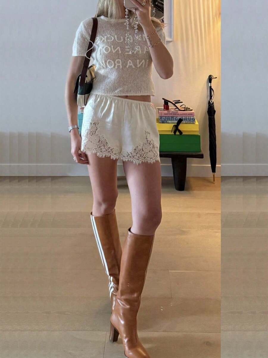 Women's Casual Elastic Waist Lounge Shorts Comfy Stretch Lace Trim Summer Beach Ruffle Shorts - 白色 - 查看 1