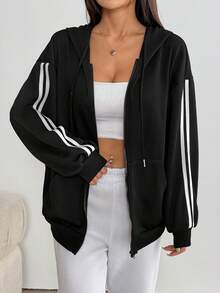 一件拉链条纹夹克，新款宽松休闲运动外套，黑色，春季款 - 黑色 - 查看 3