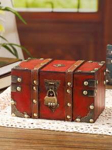 1 件大号复古绿色木制珠宝盒，欧式方形木盒储物盒道具带锁，工艺装饰