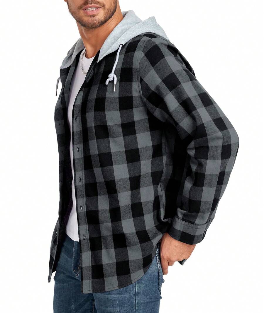 Mens Flannel Hoodie Shirts Long Sleeve Casual Plaid Jackets - 白色 - 查看 1