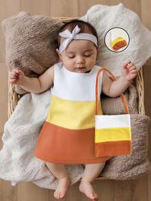 Girls Halloween Costume Set Sleeveless O Neck Striped Dress Hat Shoulder Bag For Party Cosplay