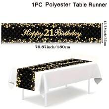 1pc 18 21 30 40 50 60 Years Old Happy Birthday Polyester Table Runner, 1pc Black & Gold Glitter Tablecloth, Birthday Party Decorations & 30 40 50 Anniversary Retirement Party Supplies, Suitable For Holiday Restaurant And Kitchen Decor, Also Can Be Used For Outdoor Theme Parties