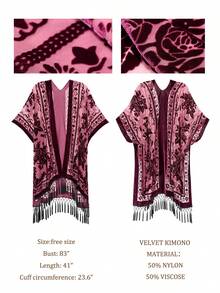 Easter Gift Shawl,Burnout Velvet Kimono Cardigan For Women With Tassels, Pattern Placement Printing, Swimsuit Cover-Up, Wine Red, 1 Size Fits All - Rượu vang đỏ - Xem 7