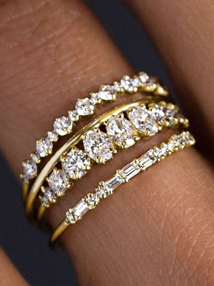 4pcs/Set Minimalist Style Stacking Rings 14k Gold Plated Paved Shining Zirconia Engagement / Wedding Ring Evening Party Decor Luxury Jewelry - Gold - View 1