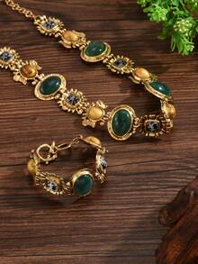 1 套 2 件复洛克风格树脂项链和手链套装，奢华几何金色首饰套装，适合女性日常、派对、活动佩戴（宝石颜色和位置随机） - 金色 - 查看 4