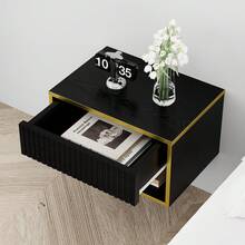Gold Nightstand Set Of 2, Modern Bedside Table With Drawers And Open Shelf, Floating Design, Small Side Table For Bedroom, Black/ White - Black - View 5