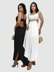 Kit 2 Vestido Feminino Alcinha Soltinha Com Fenda Vazado Viscolinho Festa