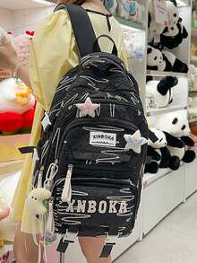 适合初中/高中学生的可爱背包，多隔层，轻便大容量 - 黑色 - 查看 3