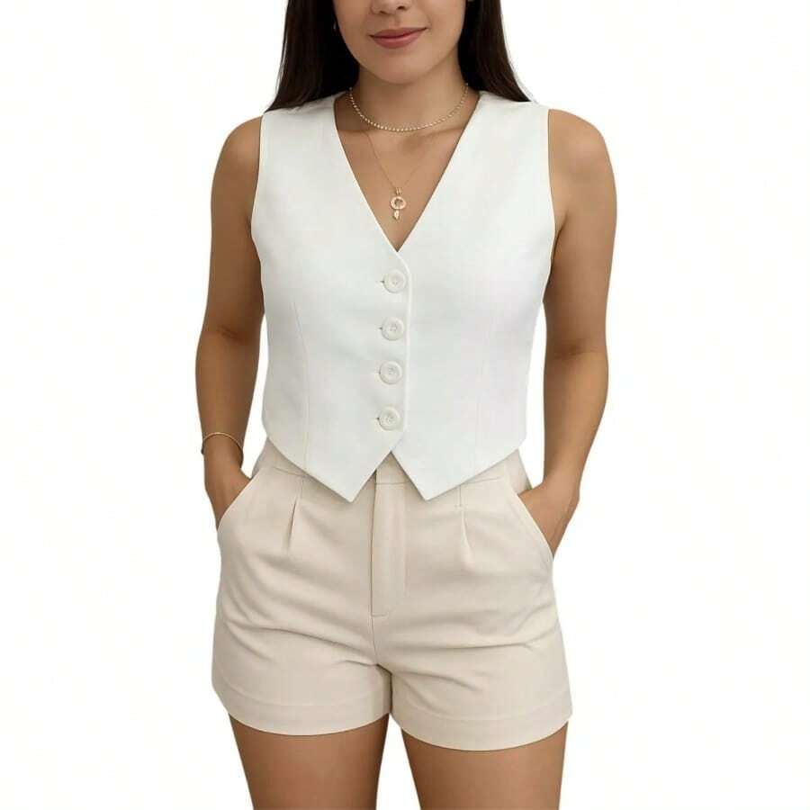 Women's Tailored Vest  With Buttons - WHITE VEST - View 1