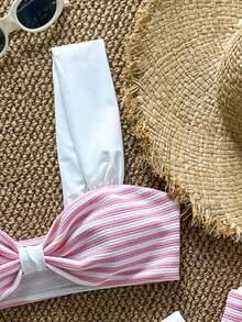 3pcs Women's Striped Fabric Bikini Set, European And American Style, Sexy And Cute Beach/Vacation Swimwear Outfits - Pink - View 7