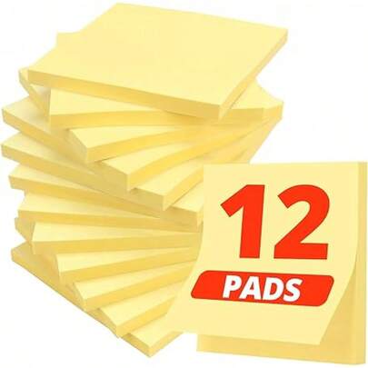 Sticky Notes, 12 Pads, 3x3 Inches, Yellow Self-Stick Note Pads, Perfect For Office, Study, And Daily Life Organization - Yellow