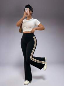 加大码女式高腰喇叭腿条纹运动裤，百搭户外骑行休闲裤