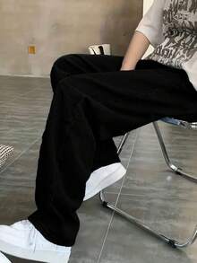 1pc Men's Black Straight Slim-Fit Versatile Jeans, Comfortable Casual Workwear Denim Pants, Suitable Gift For Husband Or Boyfriend - Black - View 3