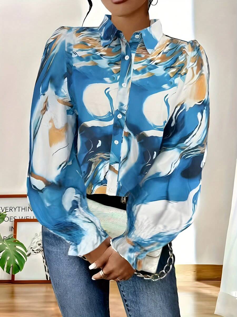 Flowy Watercolor Button Up Shirt Designed For Curves - Blue - View 1