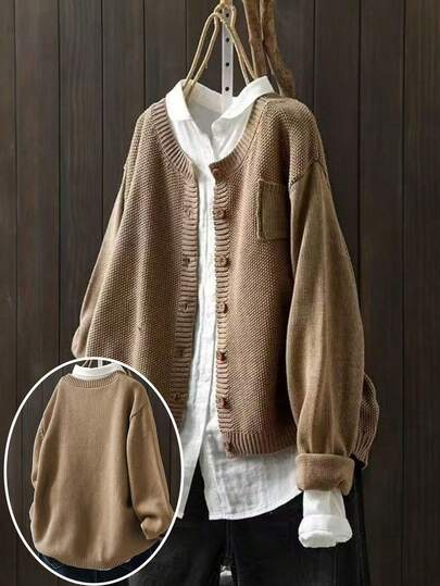 大码休闲纯色圆领长袖开衫，秋冬