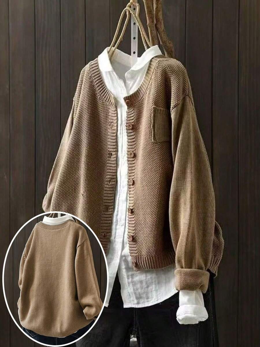 大码休闲纯色圆领长袖开衫，秋冬季开斋节 - 卡其色 - 查看 1