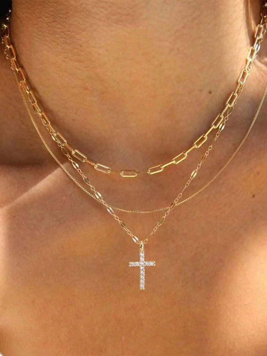 3pcs/Set Unique Layered Necklace, Indie Original Asymmetrical Chain & Copper Cross Pendant With Shiny Cubic Zirconia Multi-Layer Necklace, Suitable For Women's Daily Wear, Gift-Giving (Random Chain, Clasp & Bead Quantity) - Yellow Gold - View 1