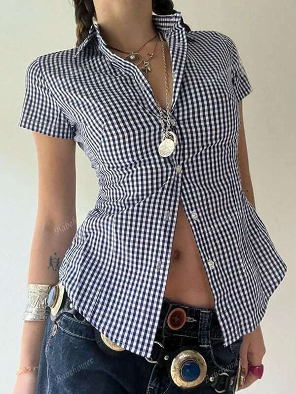BabeHomee Fall Women Outfits Y2K Back To School Containing Cotton Slim Lapel Short-Sleeved Button Design Blue Checkered University Shirt Top