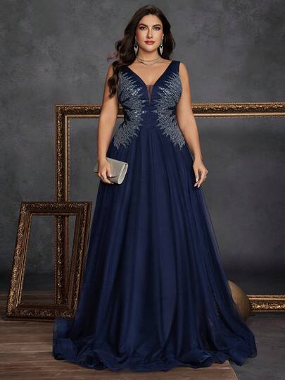 BluePlum Luxurious Sequin Application A Line Wedding Guest Dress Mother Of Bride Beaded V Neck Zipper Mesh A Line Floor Length Evening Gowns Women Glamorous Vintage Modest Party Banquet Formal Dresses Ladies Romantic Plus Size Navy Blue