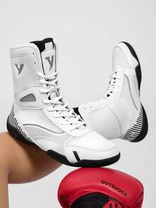 TACHUAN Sapatos de boxe profissionais de cano alto masculinos, botas de treino de luta livre, sapatos de kickboxing de Muay Thai, tênis de artes marciais fitness - Branco - Ver 3