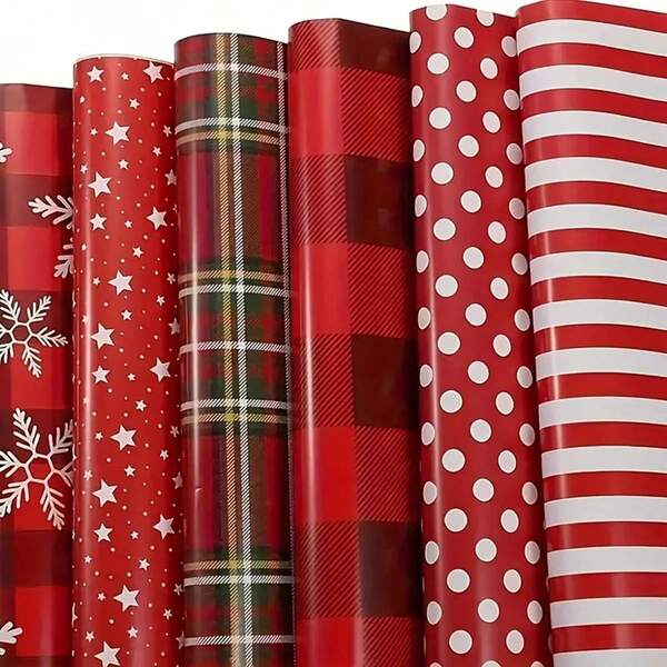 6pcs Christmas Wrapping Paper Set - Red Plaid Pattern With Snowflake Striped Wavy Dot Design, Suitable For Birthday, Wedding, Valentine's Day. Christmas Choice - Ideal Decoration, No Accessories Included Christmas Christmas Decorations Christmas Pajamas Christmas Gifts Christmas Decor