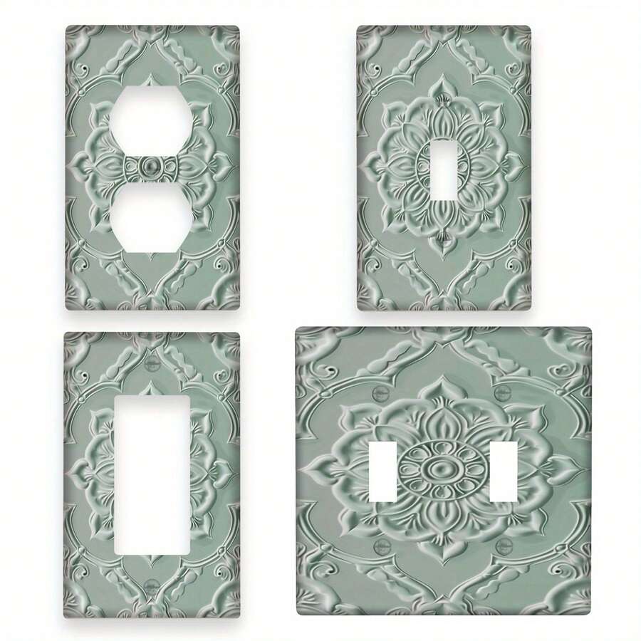 1pc Vintage Light Switch Cover Plate - Elegant Floral-Like Symmetry, Easy Installation Screwless Mounting, Compatible With 1-Gang Or 2-Gang Switches, No Wiring/Battery Needed - For Bedroom, Kitchen, Living Room - Decorative Outlet Plate In Sage Green & Beige, Decorative Light Switch Wall Plate Cover,, Kitchen Decor, Elegant Decor, Intricate Patterns - 單人複式 - 查看 1