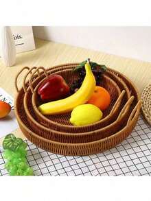 Hand-Woven Large/Medium/Small Rattan-Style Bread Basket, Japanese-Inspired Double-Handle Design - Extremely Practical! Perfect As A Living Room Tray For Bread, Mantou, Or As A Storage Basket. Both Beautiful And Functional, An Essential Household Item.