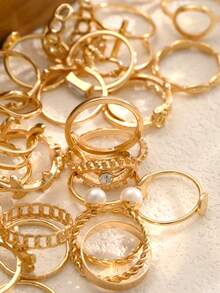 1 Set Vintage Multi-Piece Stackable 21/23/47/68pcs Heart, Pearl, Flower, Geometric, Cross, Eye, Leaf, Crystal, Bling Bling, Star, Tassel, Moon, Sun, Round Bead, Round, Square, Wave, Multi-Layer, Rope, Chain, Hollow, Braided, Minimalist, Smooth Plain Ring, Multi-Element Metal Style Rings, Fashion, Elegant, Retro Design, Suitable For Holiday, Party, Date, Gift, Daily Wear (Random Delivery) - Yellow Gold - View 5