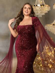 Faeriesty Curve Plus Square Neck Extra-Long Sleeve Sequin Formal Dress -Perfect For Red Carpet Galas, Black-Tie Weddings, Award Ceremonies, Charity Balls, And Luxury Fashion Events - Burgundy - View 5