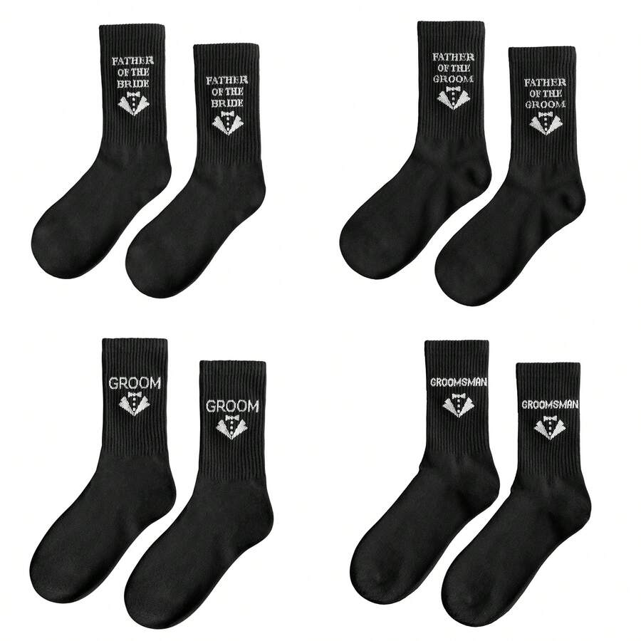Bộ 5 đôi tất đen in chữ và họa tiết cho nam, làm từ vải dệt kim Polyester và Nylon, dày dặn, phù hợp cho phù rể, chú rể, cha chú rể trong tiệc cưới, mùa thu