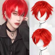 Perruque avec frange droite courte et volumineuse, perruque de cosplay unisexe pour anime, disponible en plusieurs couleurs, perruque avec frange en fibre synthétique résistante à la chaleur, apparence naturelle, haute densité, sans colle nécessaire, confortable à porter, fabriquée en fibre résistante à la chaleur, pour le quotidien, les vacances, les fêtes de Noël, les accessoires de scène, cadeau idéal - Multicolore - Voir 12