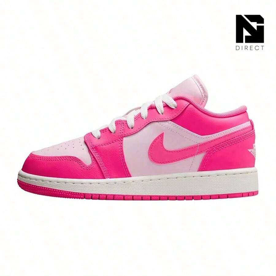 Nike Dunk Low 女童运动鞋 Heritage 皮革加垫舒适耐用抓地力白粉色激光紫红色 FB9109-102 - 白色/雷射紫紅色 - 查看 1