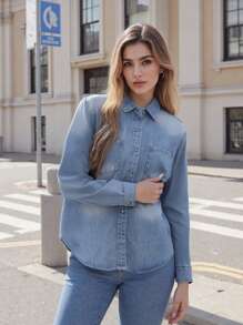 Women Denim Shirt, Long Sleeve Button-Down Solid Jacket Fall Tops With Pockets For Casual Daily - Blue - View 6