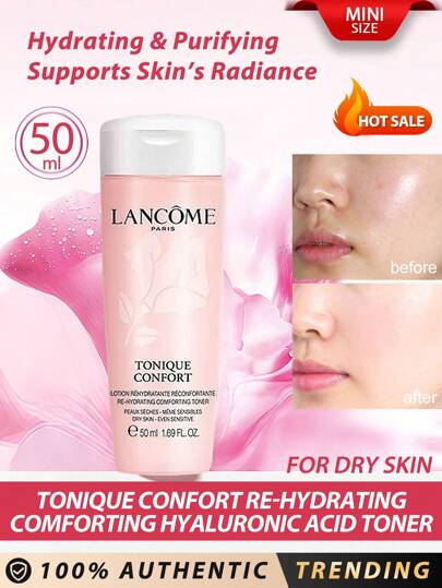 Lancôme Lancome [Mini] Tonique Confort Re-Hydrating Comforting Hyaluronic Acid Toner 50 ml / Do skóry suchej i wrażliwej / Nawilżający i oczyszczający / Długotrwałe nawilżenie / Lekka konsystencja / Wspiera blask skóry / To lekki tonik z kwasem hialuronowym, który znacząco nawilża skórę w zaledwie 30 minut. Tonique Confort Toner z kwasem hialuronowym wzmacnia naturalną barierę wilgoci skóry.