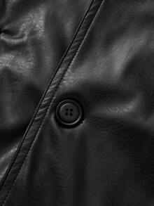 Oversized Basic Faux Leather Jacket, Long Sleeve, Double-Breasted Design, High-End, Autumn/Winter - Black - View 8