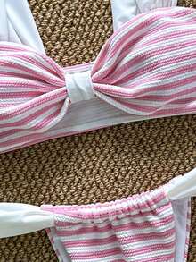 3pcs Women's Striped Fabric Bikini Set, European And American Style, Sexy And Cute Beach/Vacation Swimwear Outfits - Pink - View 8
