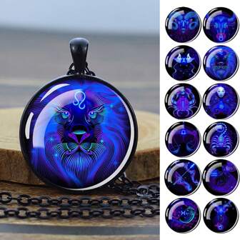 1PC Fashion Constellation Round Glass Pendant Necklace Zodiac Sign Necklace Birthday Gift Couple Jewelry