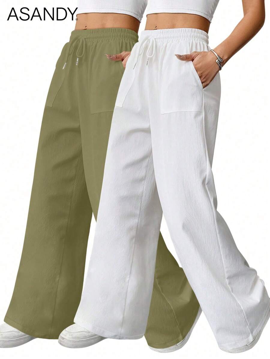 2pcs Set Casual Palazzo Pants, Loose & Slimming Solid Color Drawstring Waist Wide Leg Trousers - White+Green - View 1