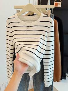 Suéter de punto acanalado de manga larga a rayas clásico para mujer, de longitud regular, tacto suave, forro térmico, cálido, de una sola pieza con tejido de punto a contraste acanalado, adecuado para uso diario, casual, viajes, aeropuerto, oficina, otoño/invierno