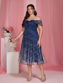 Mgiacy New Off-Shoulder Mesh Flared High-End Evening Gown, Suitable For Black Tie Events, Blue Dress - Navy Blue - View 4