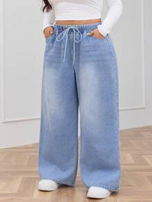 Plus Size High Waisted Drawstring Straight Leg Jeans Casual Outfit For Women Boyfriend Jeans Daily Long Pants