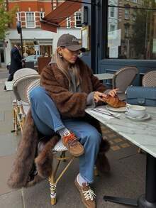 1pc Women Faux Fur Long Coat, Solid Color Fuzzy Fleece Jacket Suitable For Daily Wear In Winter