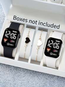 4件套时尚可爱情侣数字手表和心形手链套装，适合学生及各种场合佩戴