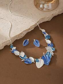 Cring Coco 夏季波西米亚风蓝色系列清新叶月牙锌合金女士耳环项链首饰套装，适合日常佩戴、派对、节日礼物 - 藍色 - 查看 13
