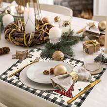 1pc/4pcs Christmas Theme Placemats, Black & White Buffalo Plaid Christmas Tree Placemat Set, Minimalist Faux Linen Rectangular Heat-Resistant Tableware Mat, Suitable For Holiday Gatherings And Parties, Seasonal Christmas Party Kitchen & Dining Decor, 12*18 Inches - Black and White - View 6