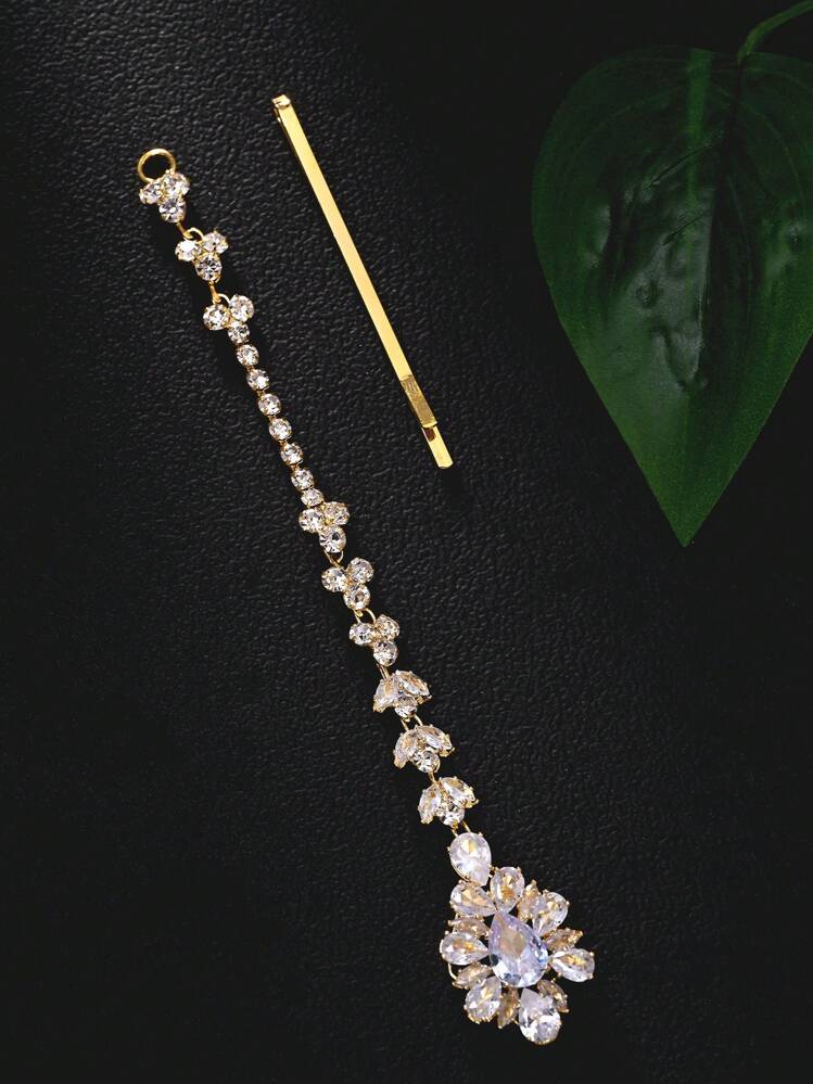 1pc Zirconia Teardrop Maang Tikka, Elegant Traditional Headpiece Hair Chain, Head Jewelry, Head Pieces Jewelry, Hair Vine Chain, Hair Jewelry, Jewellery For Women, Wedding, Hair Accessories, Bride To Be - Geometry - View 4