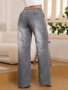 8433# Women's Fashion Versatile Denim Jeans With Back Pockets, Drawstring Elastic Waist, Straight Leg Wide Leg Casual Spring - Grey - View 5