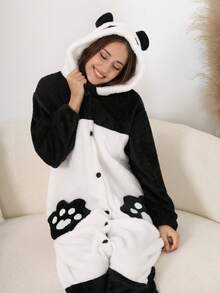 Pijama con capucha de felpa coral con decoración de orejas de panda para mujer, bata gruesa y cálida para otoño/invierno, esponjosa y acogedora - Blanco y Negro - Ver 3