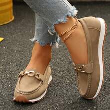 Women Flat Round Toe Slip On Loafer Shoes Low Heel Wedge Buckle Soft Bottom - Lạc đà - Xem 7