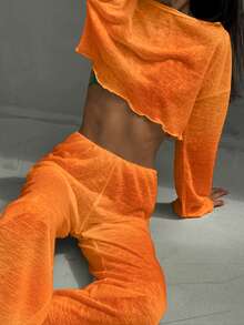 Set de 2 piezas de unicolor con top de manga larga de cuello redondo y pantalones, última , transpirables, cómodos, suaves, holgados y elásticos, adecuados para usar tanto en exteriores como en interiores, ropa de otoño